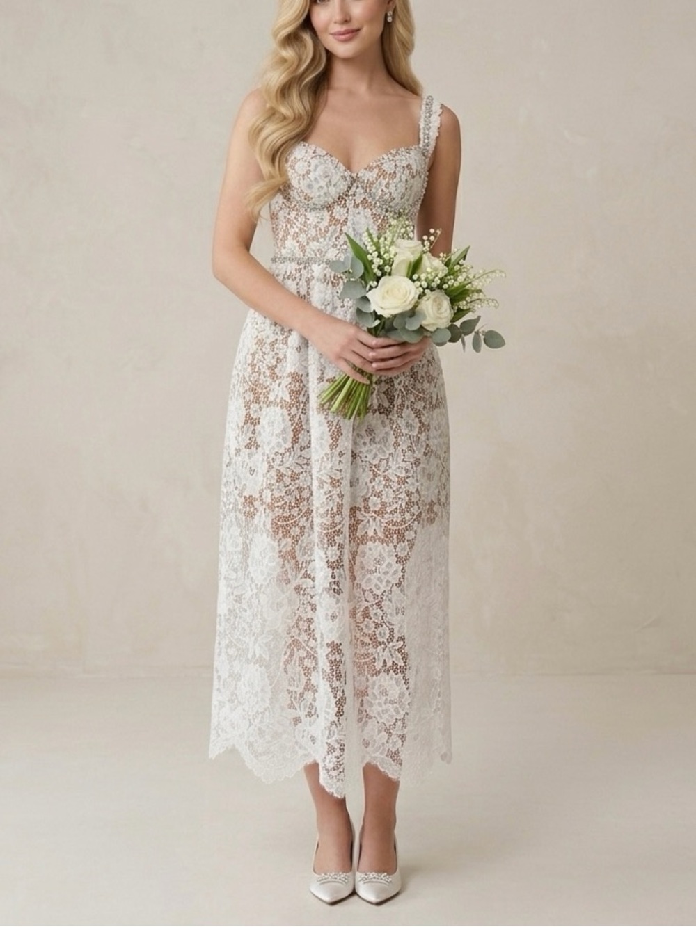 Self-Portrait White Diamante Rhinestone Embellished Lace Midi Dress
